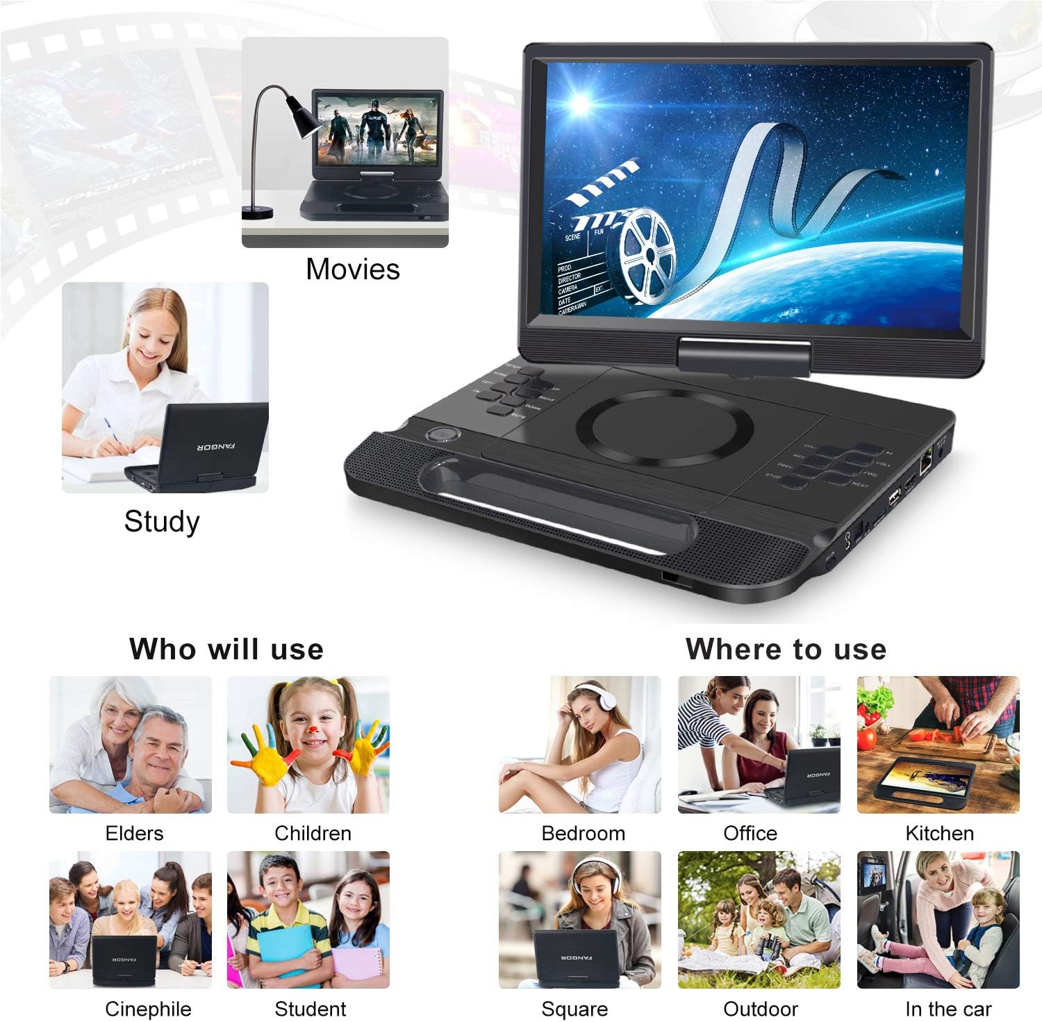 FANGOR 13.3 Inch Portable Bluray Player with 12 HD Swivel Screen, 5 Hours Rechargeable Battery and Remote Control, HDMI Out/AV In, Multi-Media Player