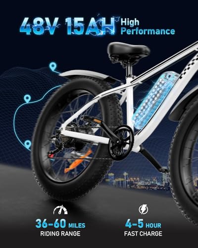 EB26 Electric Bike for Adults Peak 1500W Electric Bicycle 48V 15AH (720WH) Battery Electric Bike 26" Fat Tire Mountain 28mph 7 Speed Gears Ebike