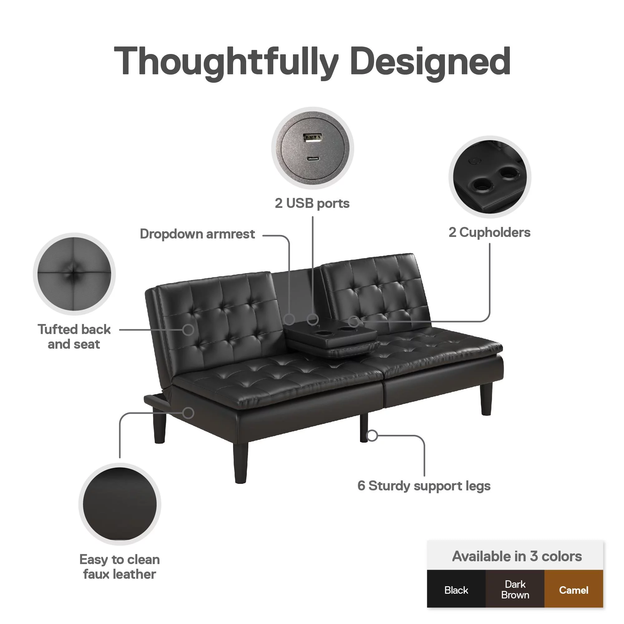 Mainstays Memory Foam Futon with Cupholder and USB, Black Faux Leather