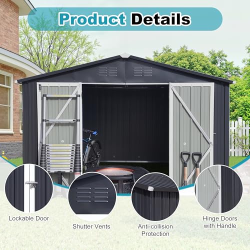 8x6 FT Outdoor Storage Shed, Metal Tool Shed with Lockable Doors, Peaked Roof & Frame Floor