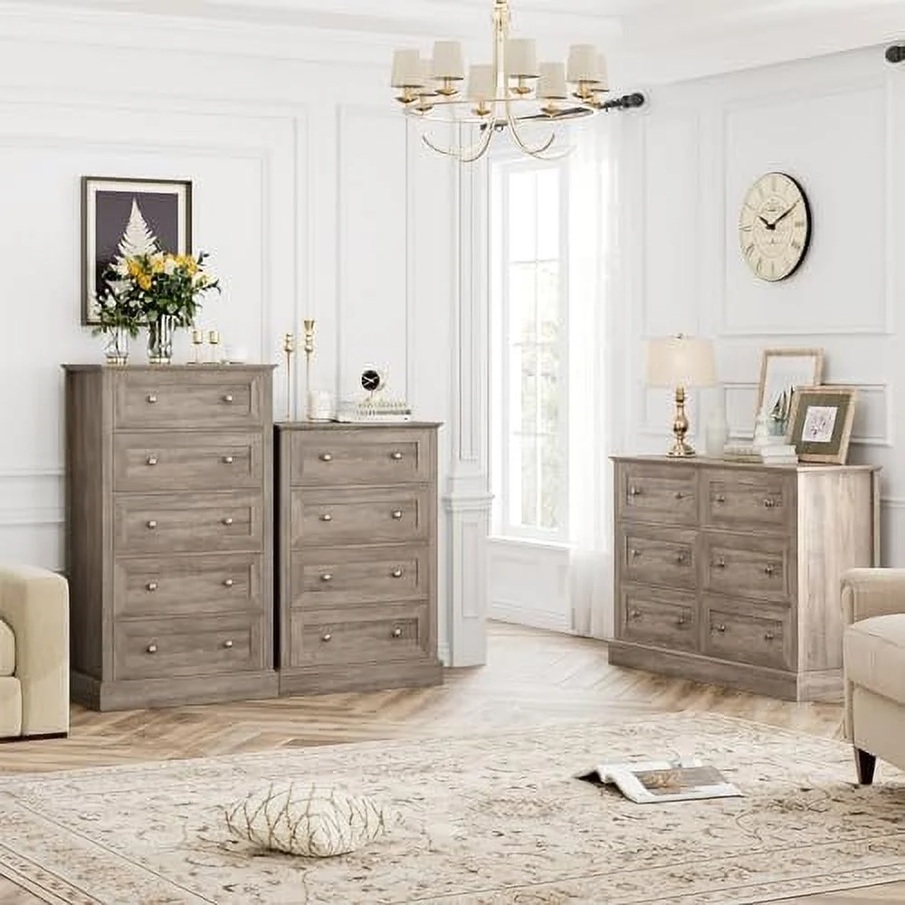 6 Drawer Double Dresser  Wood Dresser Chest  Wide Chest of Drawers with Deep Drawers &amp; Mental Double Handles for Hallway Living Room  Wash Gray