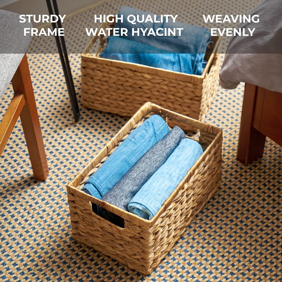 BARIEN Natural Water Hyacinth Storage Baskets, Rectangular Wicker Basket with Built-in Handles, Medium, 12.6&rdquo; x 8&rdquo; x 7&rdquo;, 2-Pack