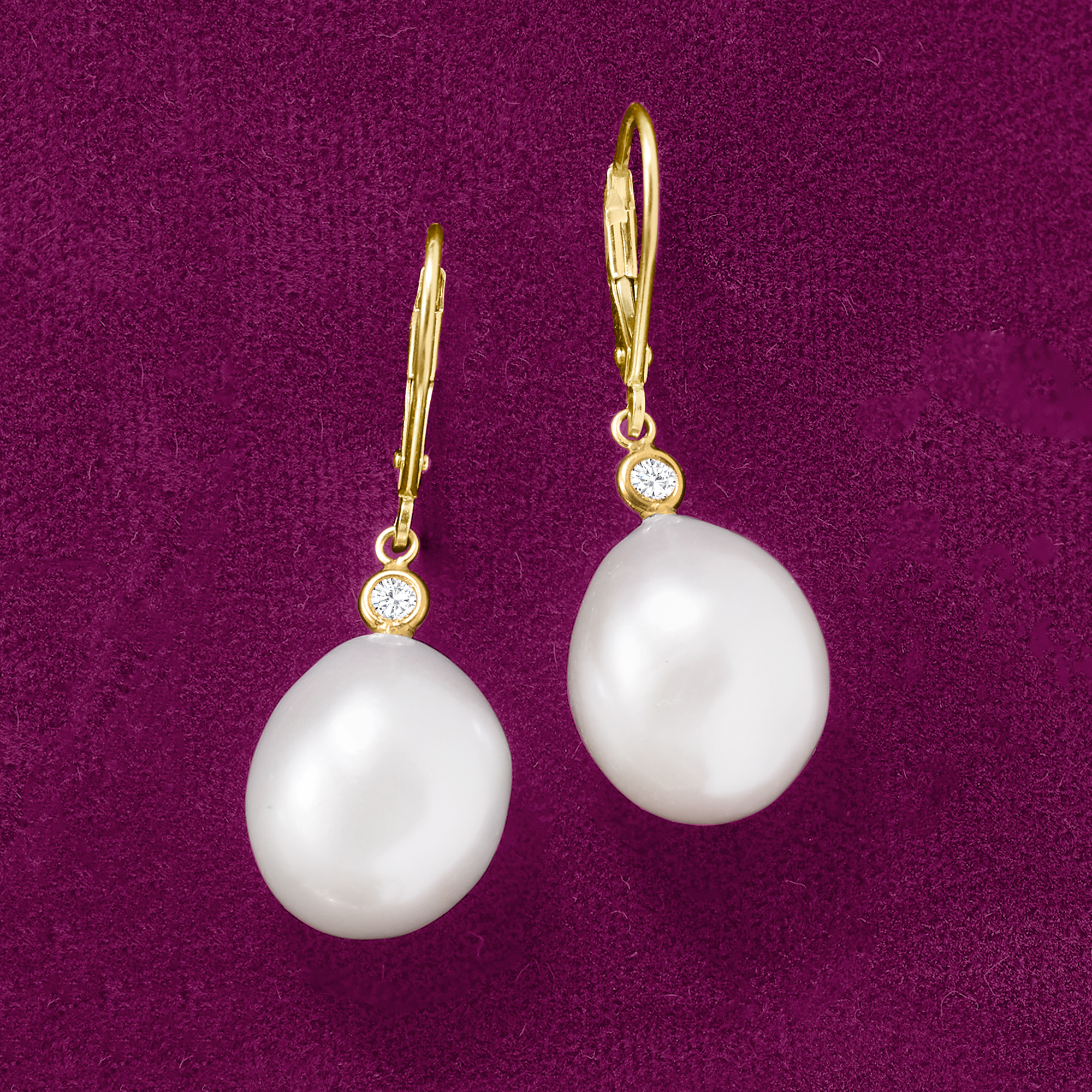 Ross-Simons 12-13mm Cultured Pearl and .10 ct. t.w. Diamond Drop Earrings in 14kt Yellow Gold, Women's, Adult