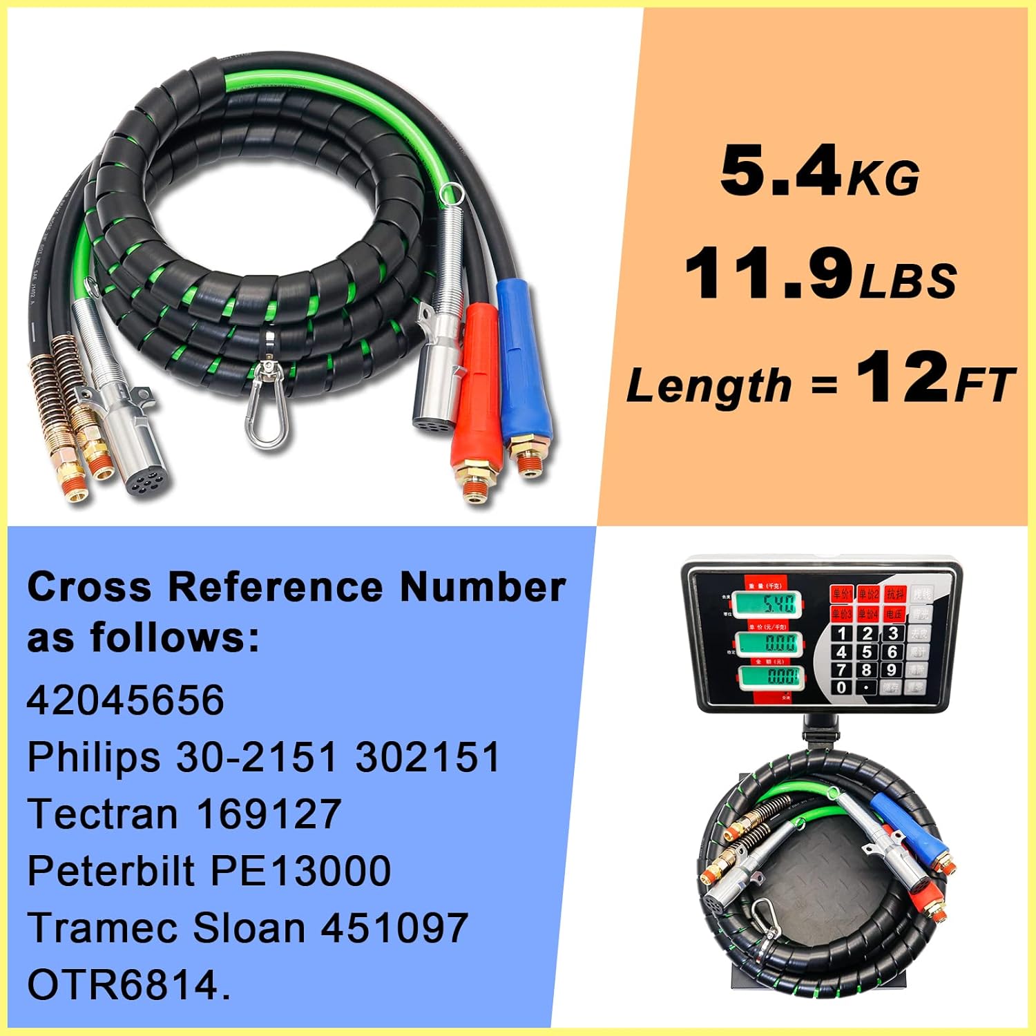 boeray 12ft 3 in 1 Air Lines for Tractor Trailer Freightliner ABS Air Brake Lines Tractor Truck Glad Hand Air Hose