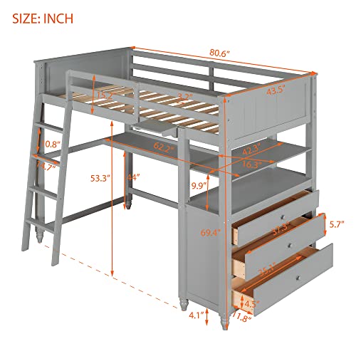 Merax Loft Bed Twin Size with Desk, Wood Frame with Shelves & Drawers, Inclined Ladder Design, White