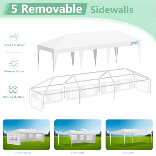 10X30FT Canopy Tent, White Pole Tents for Parties, Wedding, Events and Birthday, Outdoor Party Tent with 5 Removable Sidewalls