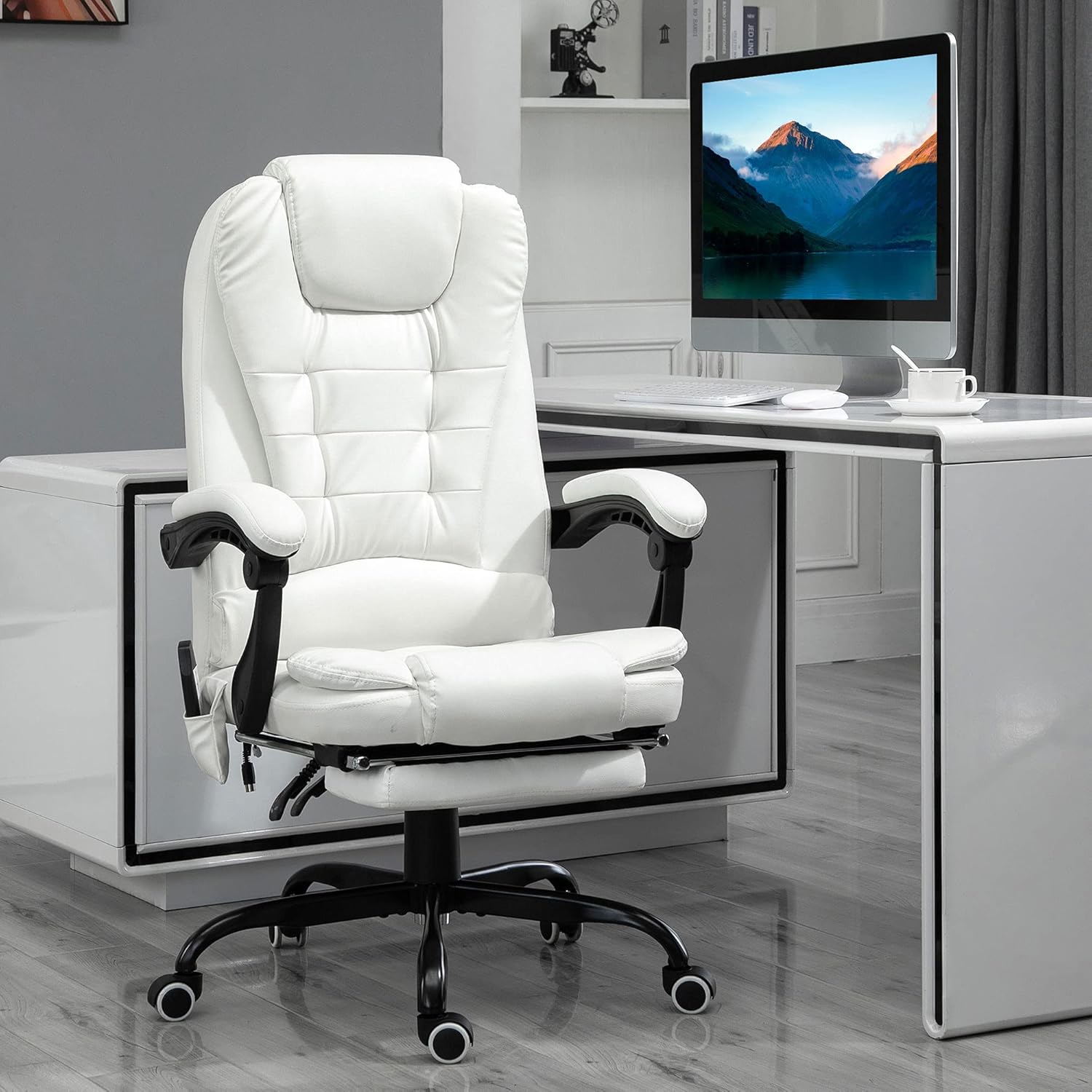 Reclining Office Chair with Massage, Ergonomic Office Chair with Foot Rest, PU Leather Executive Computer Chair with Heated, Padded Armrest