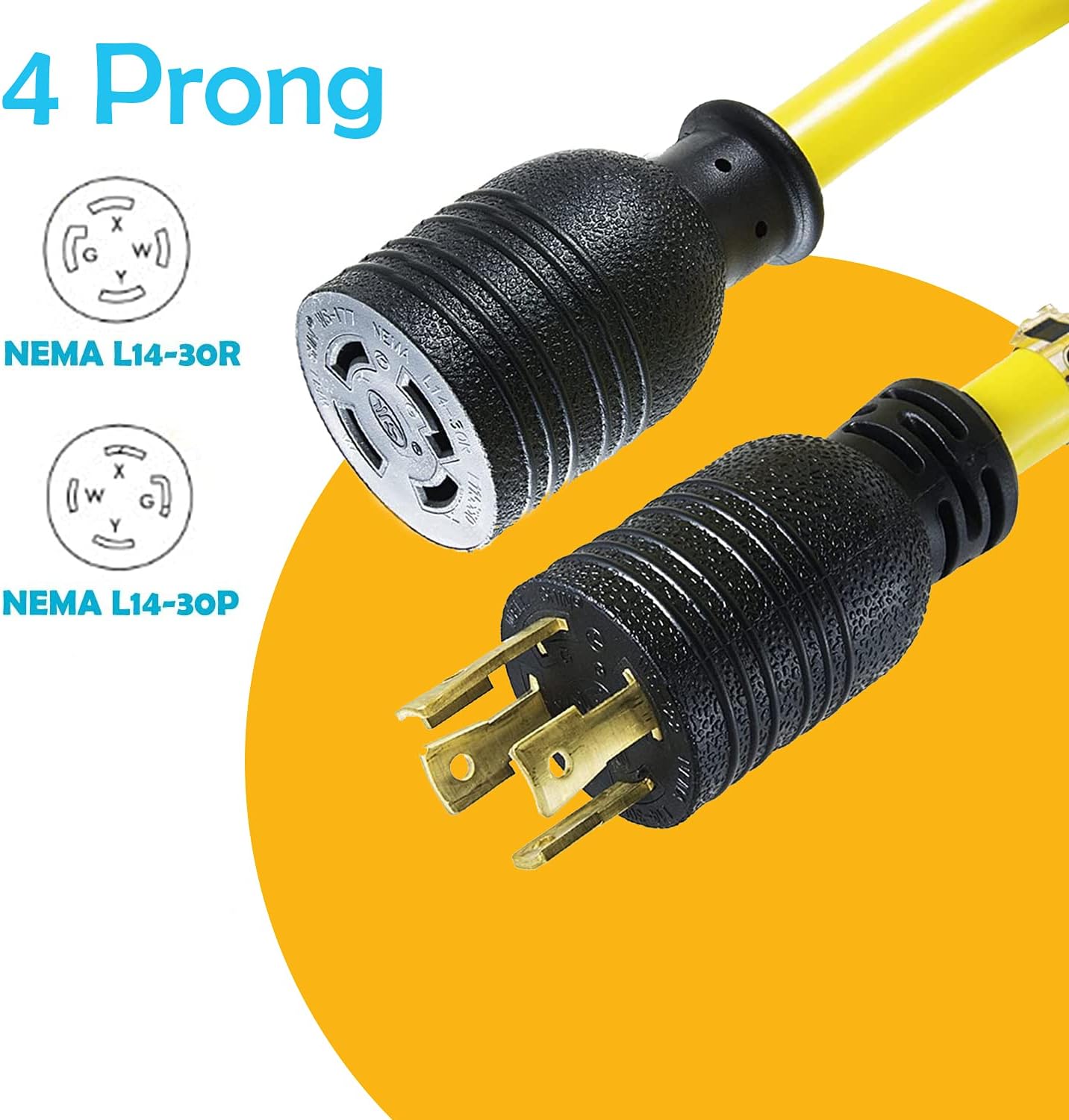 Houseables Generator Cord 30 Amp 4 Prong, Generators Extension, 50 Ft, 125-250v, 7500 watt max Rating, UL CUL, NEMA L-14-30P, Rubber, 10 Gauge