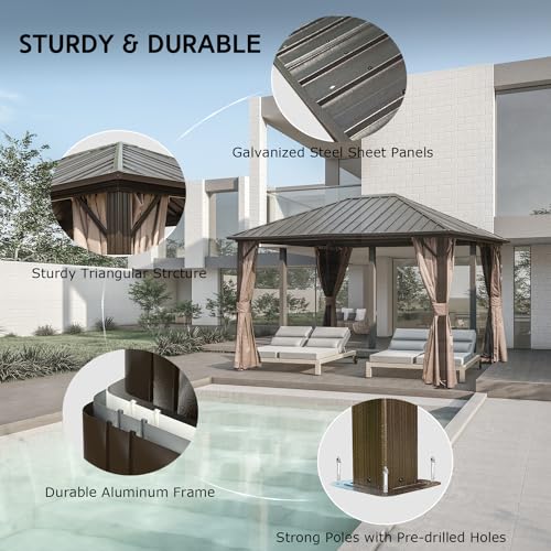 Domi 10' x 10' Hardtop Gazebo Outdoor Metal Gazebo with Galvanized Steel Double Roof Canopy, Curtains and Netting for Patio, Backyard, Deck