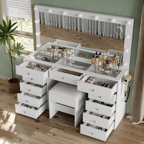 Vanity Desk & Power Outl, Makeup Vanity with Mirror and 12 LED Lights, Makeup Table with 11 Drawers, Vanity Table with Chair