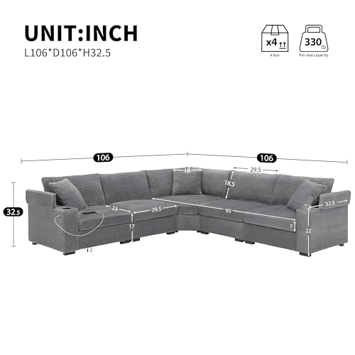 Merax 106" Corduroy Sectional Corner Sofa with Cup Holders & USB Charger, 5 Seat Convertible L Shaped Couch Set with Armrest Storage
