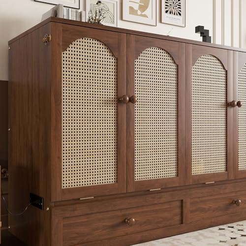 KEIKI Queen Murphy Bed Cabinet with Charging Station & Rattan Design – Space-Saving Wall Bed with Large Storage Drawer