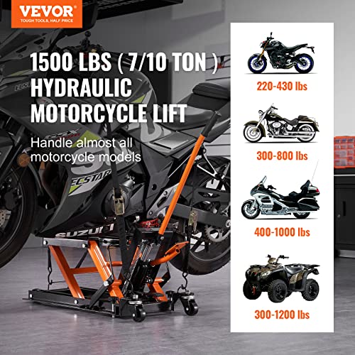 VEVOR Hydraulic Motorcycle Lift Jack 1500 LBS Capacity ATV Scissor Lift Jack Portable Motorcycle Lift Table with 4 Wheels Hydraulic Foot-Operated