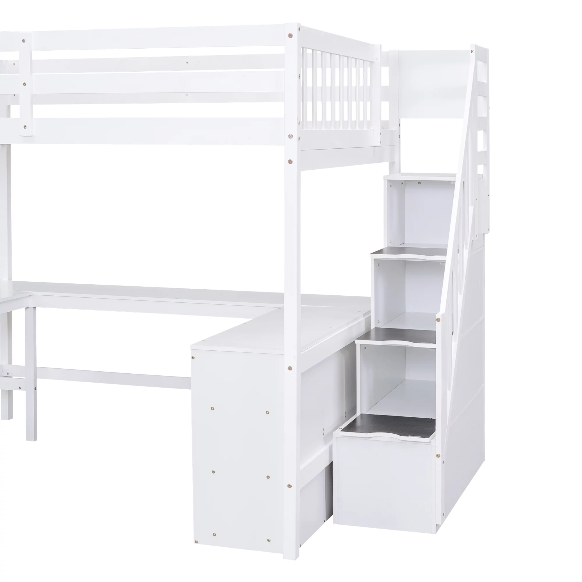 EUROCO Wood Full Size Loft Bed with Desk, Shelf and Storage Staircase for Kids Teens Adults, Built-in Desk with Bookscase for Working Station