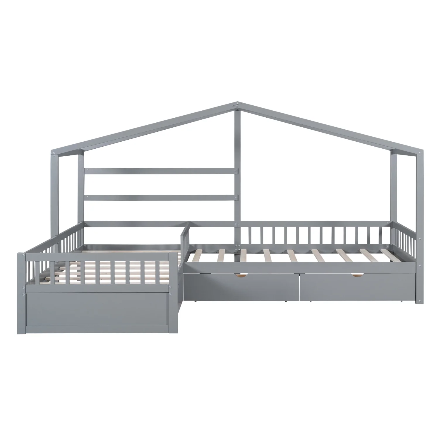 Churanty L Shaped Twin Bed for 2 Kids, Twin Size House Platform Bed with 3 Storage Drawers, Wood Double Twin Beds with Fence and Roof