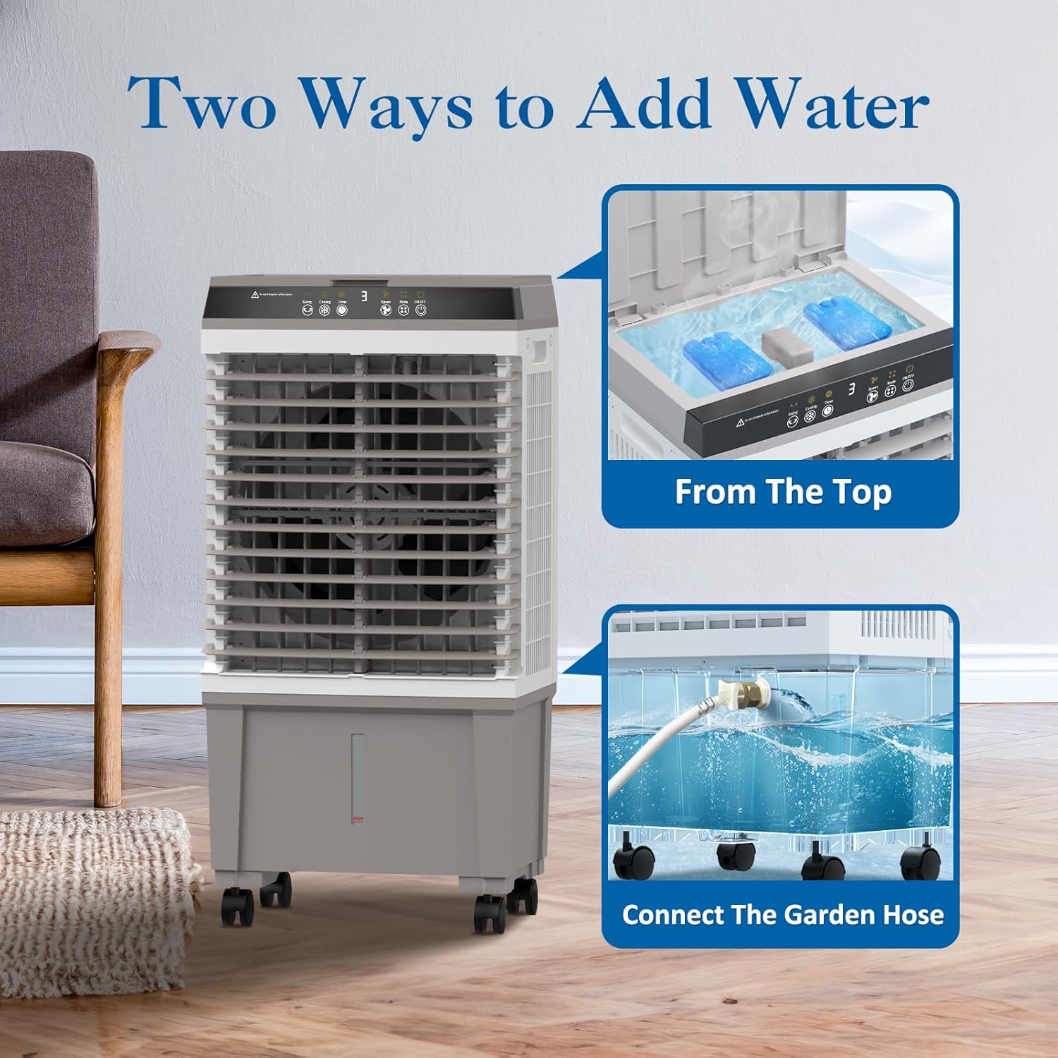 Evaporative Air Cooler, 1800CFM Swamp Cooler with 5.3 Gallon Water Tank Remote Control, 3 Speed Cooling Fan