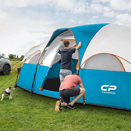 CAMPROS CP Tent 8 Person Camping Tents, Weather Resistant Family Tent, 5 Large Mesh Windows, Double Layer, Divided Curtain for Separated Room