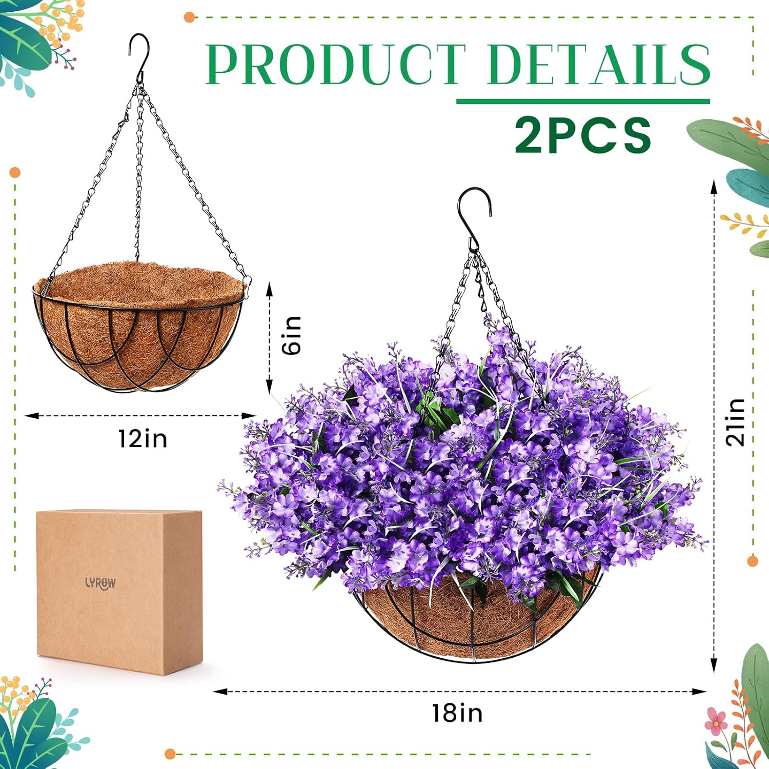 2 Pack Artificial Hanging Flowers in Basket for Spring Summer Porch Home Garden Yard Decoration Faux Hyacinth Arrangement Fake Plants in 12 Inch