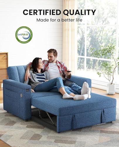 Marsail Sofa Bed, 3-in-1 Convertible Sleeper Sofa, Futon Couch with USB Charging, Side Pockets & Adjustable Backrest, Pull Out Couch for Living Room