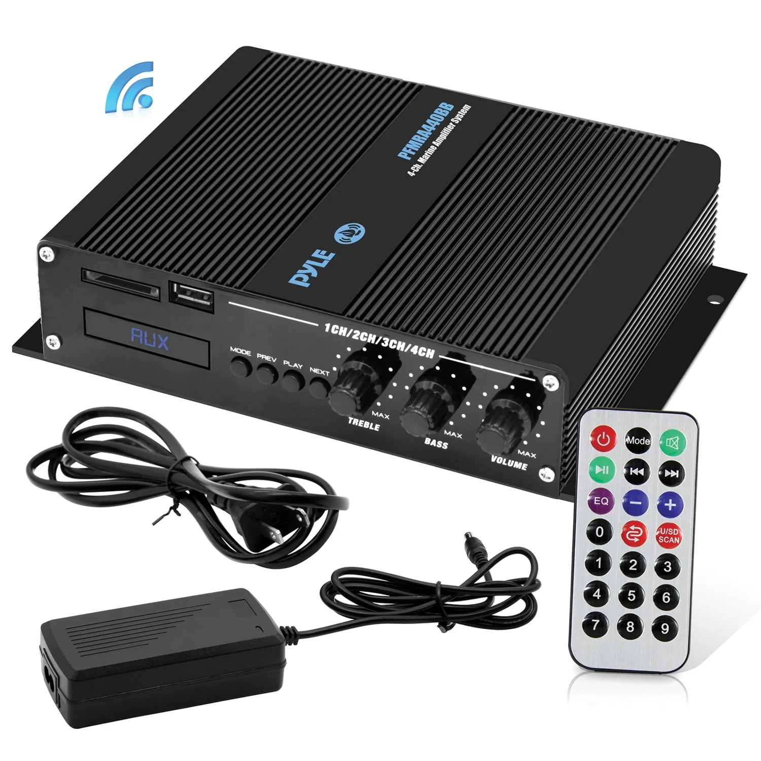 Pyle 400 Watt 4-Channel BT Marine Amplifier Weather Resistant cordfree Audio Amp System with MP3/USB/SD Readers, Black