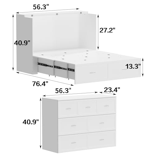 ECACAD Multi-Functional 2-in-1 Murphy Cabinet Bed, Full Size Bed Frame Murphy Bed Chest with Built-in Power Strip & 3 Drawers