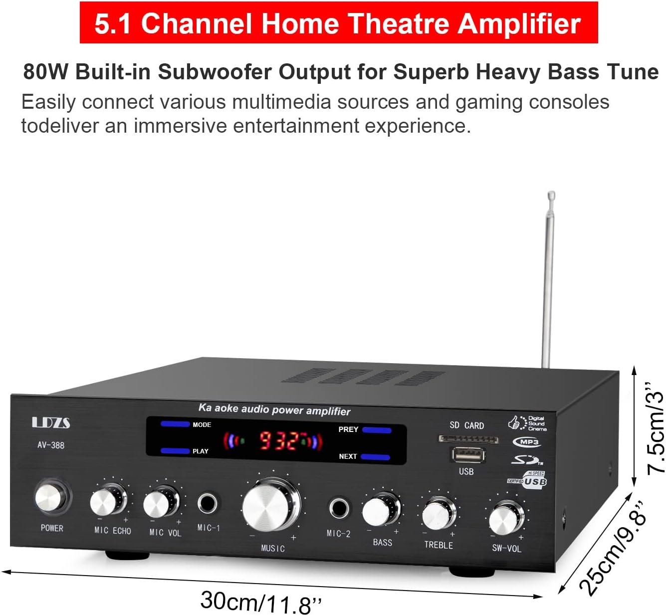 Facmogu AV-388 250W 5.1 Channel Home Audio Amplifier with Subwoofer Speaker Output, 5.1 CH Home Karaoke Theater Power Stereo Receiver