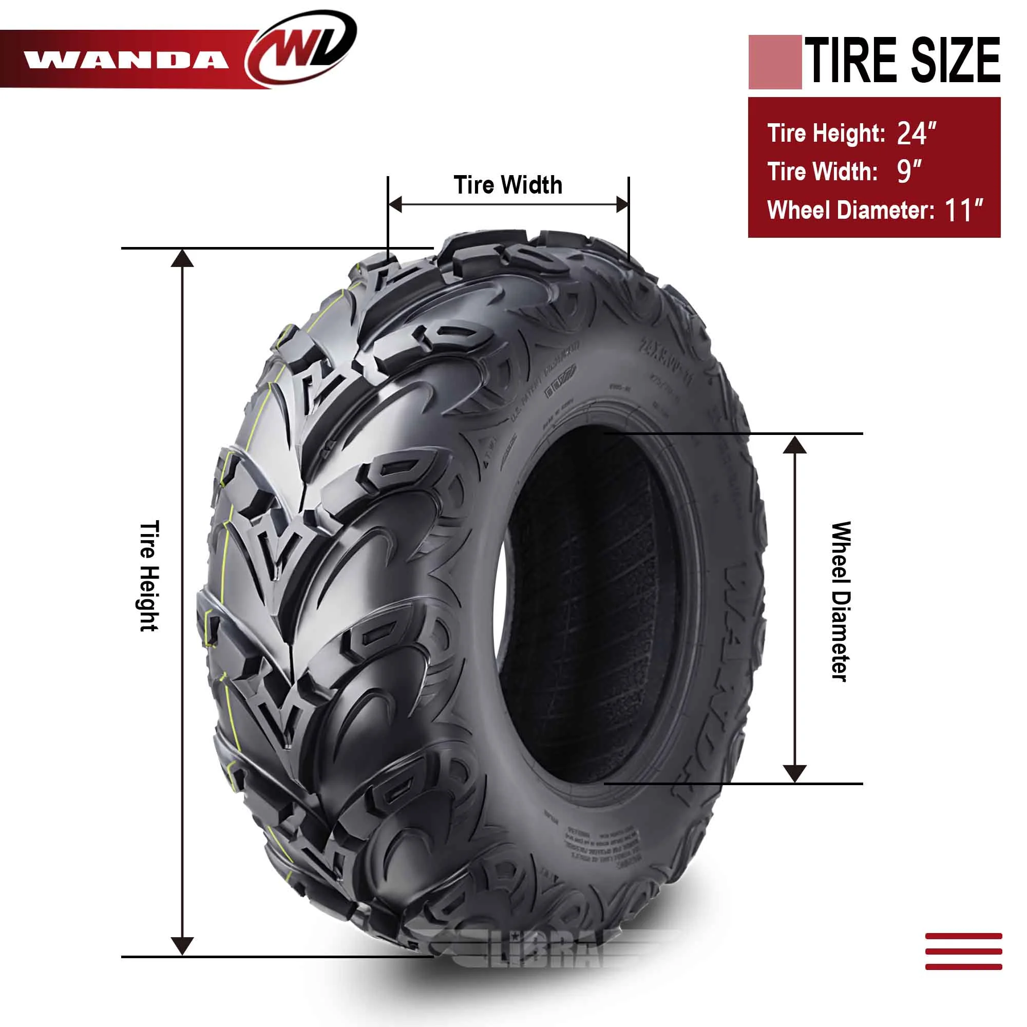 WANDA Premium 8 Ply ATV / UTV Tires 24x9-11 24x9x11 Mud Sling