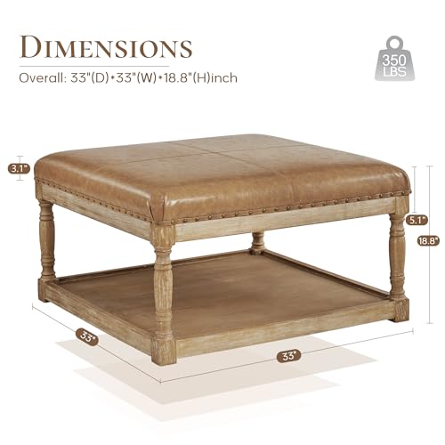 33-Inch Large Square Ottoman Coffee Table for Living Room, Leather Ottoman Foot Rest Stool, Upholstered Coffee Table with Storage Shelf for Bedroom