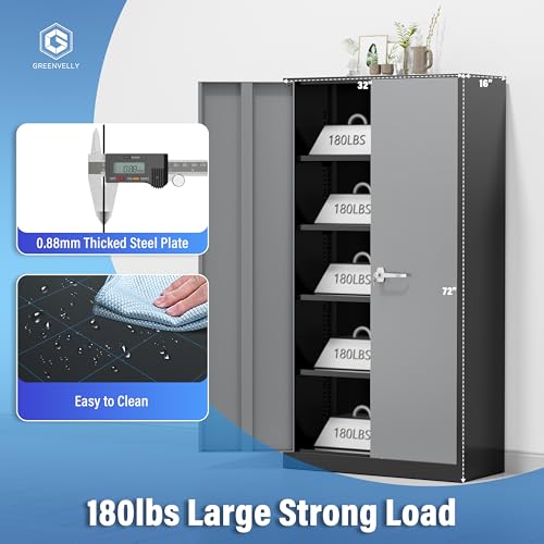 Greenvelly Metal Storage Cabinet, 72" Black Locking Storage Cabinets with Doors and 4 Shelves, Metal Cabinet for Garage Home Office, Classroom