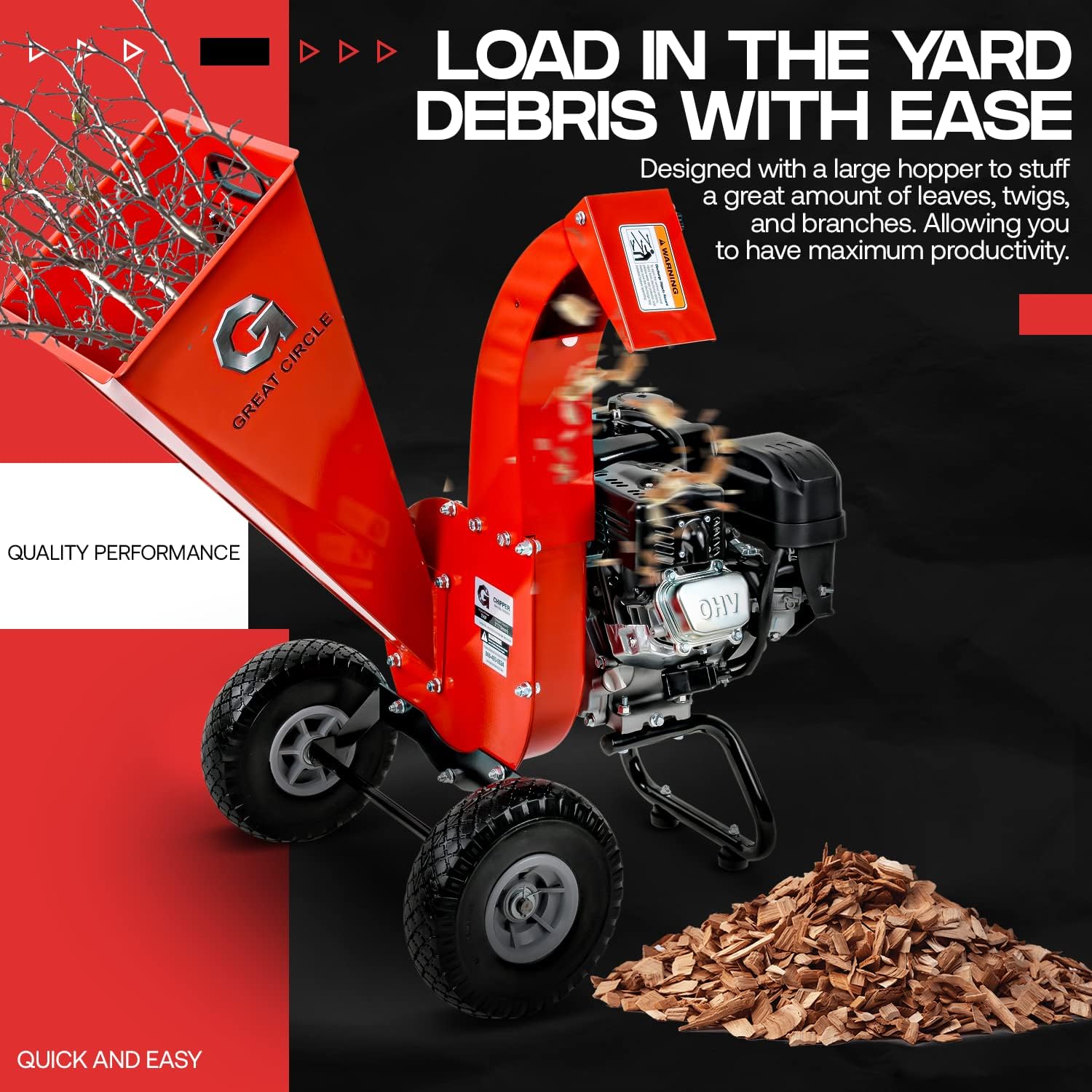 GreatCircleUSA Mini Wood Chipper Shredder Mulcher Ultra Duty 7 HP Gas Powered 3 Inch Max Wood Capacity EPA/CARB Certified Aids in Fire Prevention and