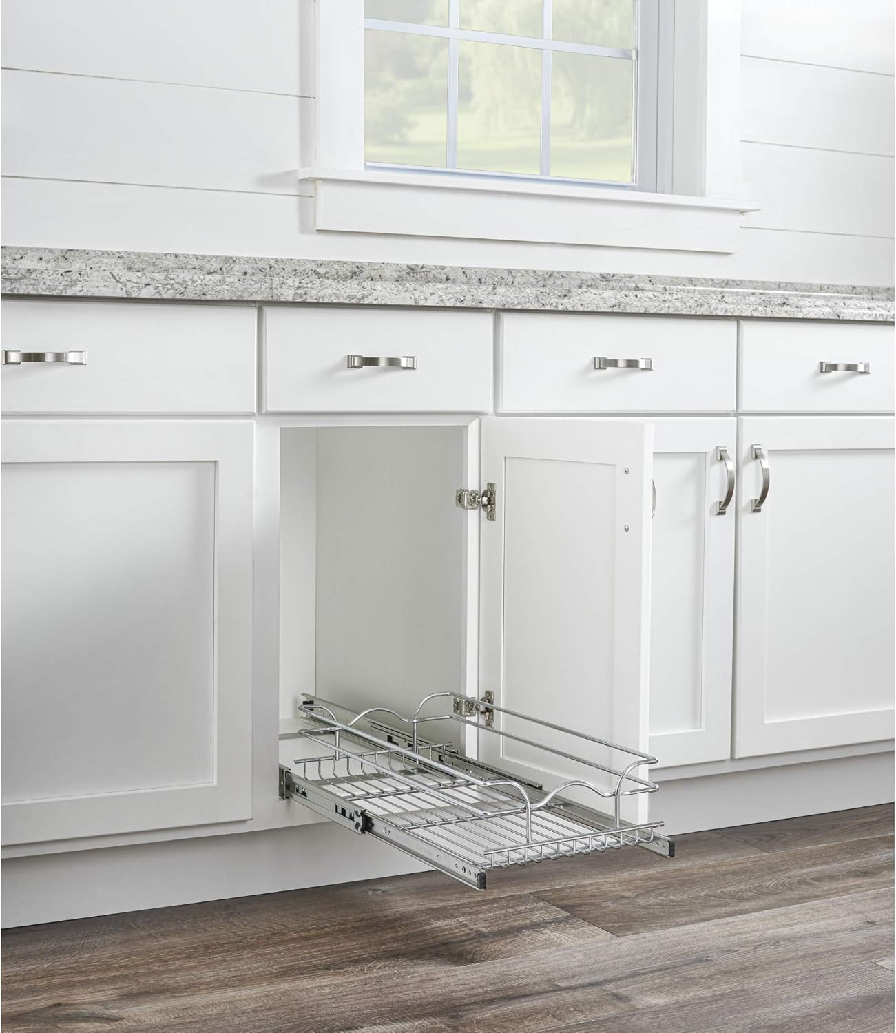 Rev-A-Shelf 5WB1-1222CR-1 12 Inch x 22 Inch Single Wire Basket Sliding Pull Out Shelf Storage Fully Assembled Durable Organizer for Kitchen Base