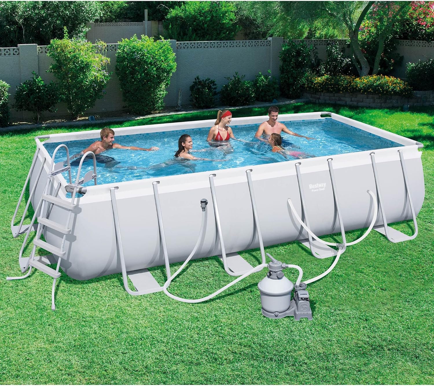 Bestway 56711E Power Steel 18' x 9' x 48 Outdoor Oval Frame Above Ground Swimming Pool Set with 1500 GPH Cartridge Filter Pump, Cover, & Ladder, Gray
