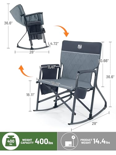 TIMBER RIDGE Folding Rocking Camping Chair, 400lbs Capacity Portable Oversized Outdoor Rocker with Hard Armrests, Cup Holder & Side Pocket