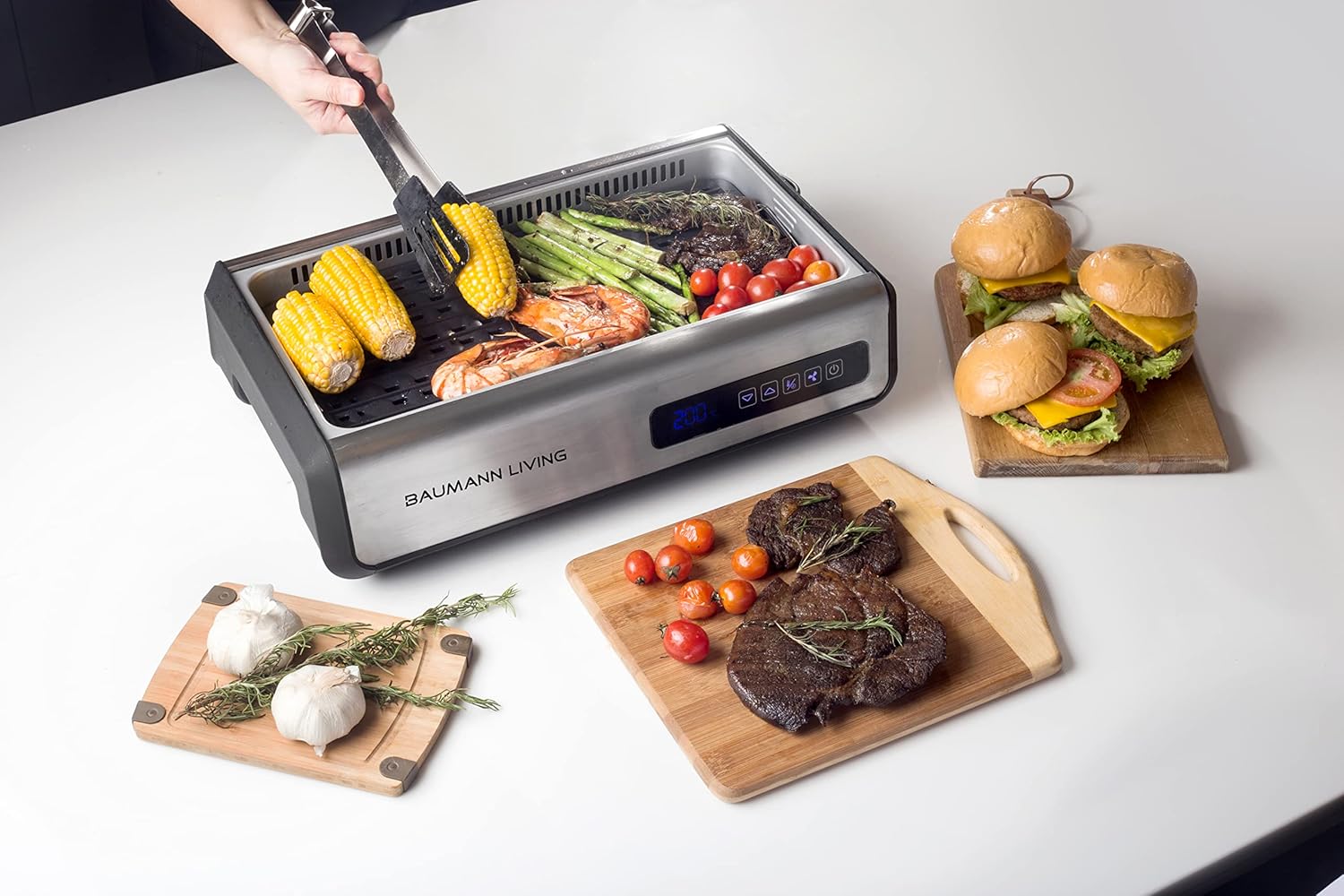 Indoor Smokeless Grill 1500W with Smart LED Touch Screen, Tempered Glass Lid, 2 Removable Ceramic Nonstick Grill & Griddle Plate