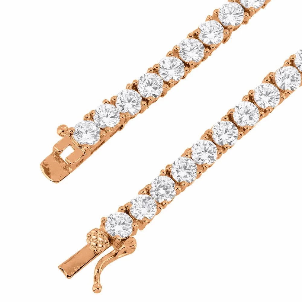 Real Genuine Sterling Silver High Quality AAA+ Grade 12.65 Ct. Lab Simulated Diamond 14K Rose Gold Finish 4mm One Row Tennis Chain Necklace 16"
