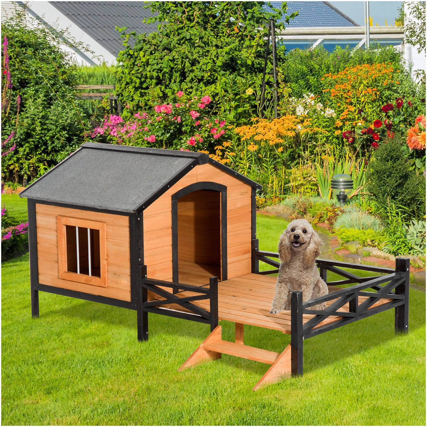 PawHut Cabin Outdoor Covered Elevated Dog House with Porch