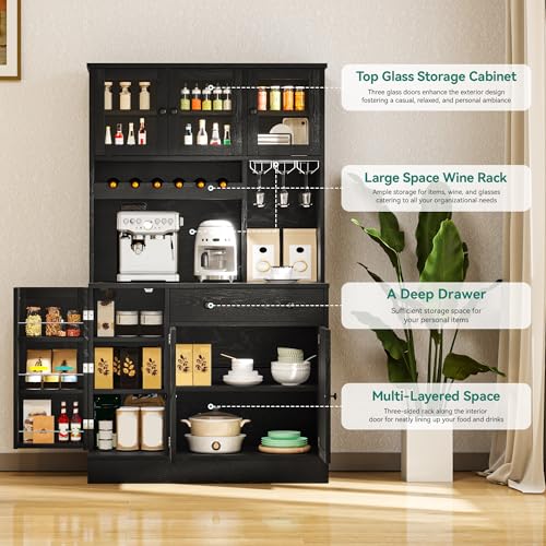 YITAHOME Kitchen Pantry Cabinet with Wine Rack & Power Outlet, 71" H Tall Storage Cabinet with Doors, Shelves, Drawer