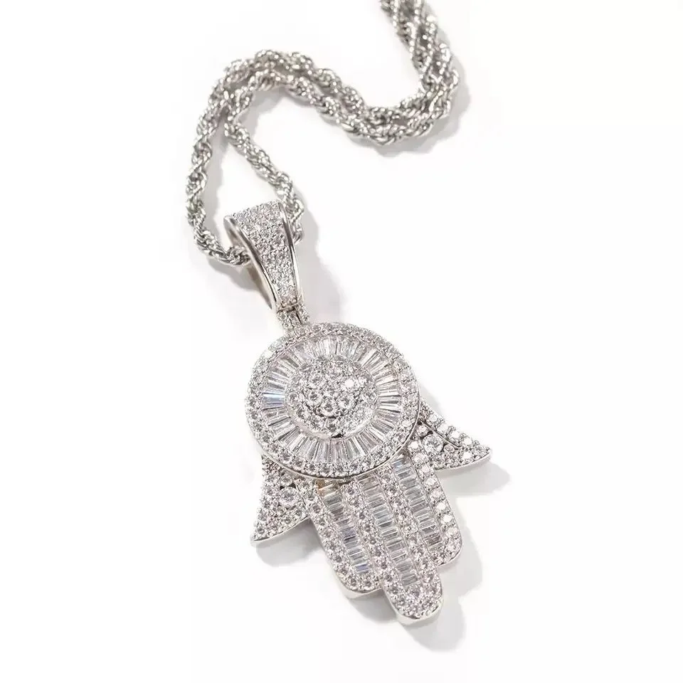 14K Gold Over Finish Simulated Diamond Iced Out Hip Hop Baguette Hamsa Hand of Fatima Evil Eye Protection Charm Pendant Necklace, Gift