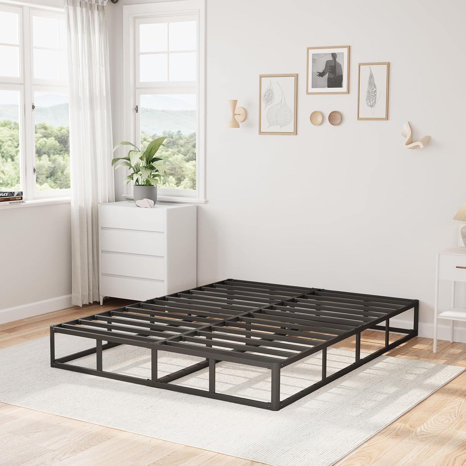9 Inch High Full Box Spring, Low Bed Frame with Fabric Cover, 3500 Lbs Heavy Duty Metal Mattress Base, Easy Assembly, Noise Free