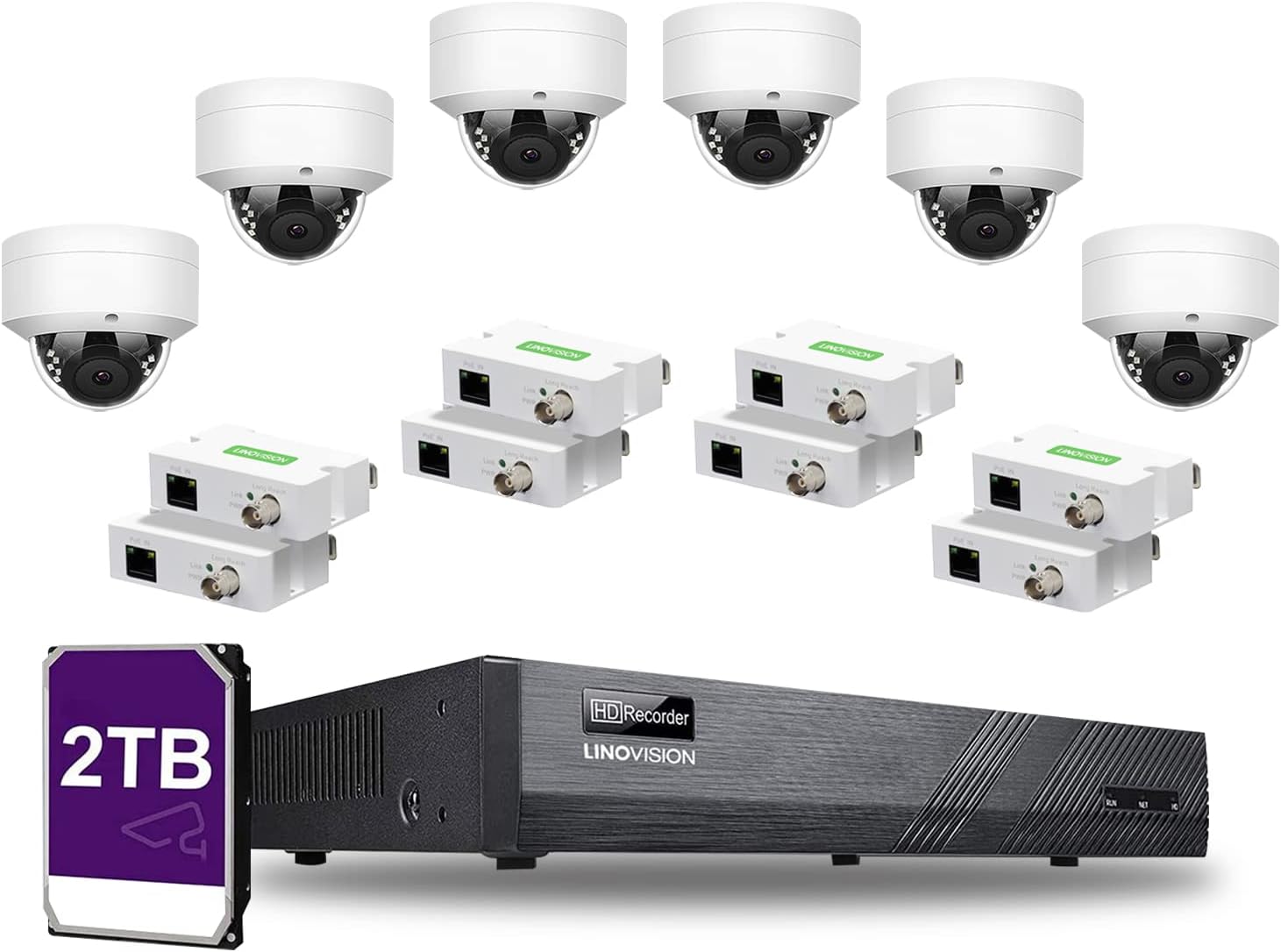 LINOVISION NDAA Compliant 8CH 4K IP Security Camera System with (4) Pairs POE IP Over Coax Converters, (6) 5MP POE IP Dome Cameras