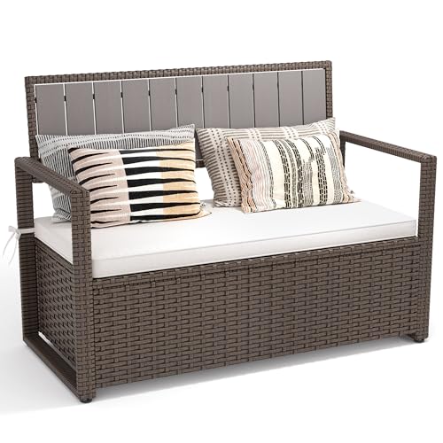 YITAHOME 90 Gallon Outdoor Wicker Storage Bench w/Cushion, Large PE Rattan Deck Storage Box w/Handles & Hydraulics for Patio Furniture, Cushions