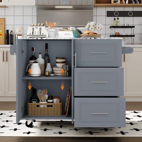 4 EVER WINNER Rolling Island with Storage and Drop Leaf, Marble Tabletop, Kitchen Carts on Wheels with Towel Rack & Spice Rack