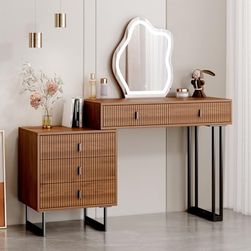 Makeup Vanity Desk with Cloud Lighted Mirror with Power Outlet and LED Strip, 3 Color Lighting Modes with Adjustable Brightness