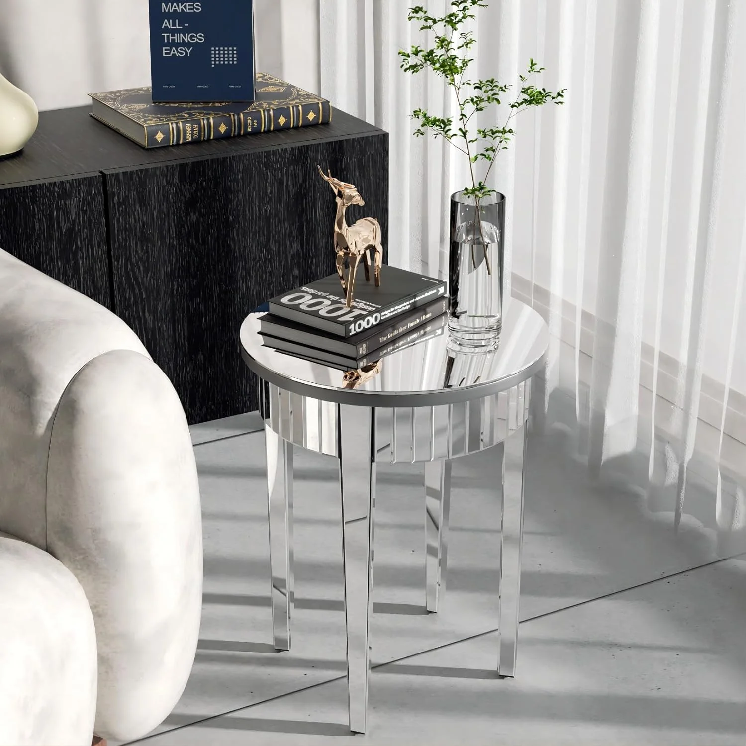 NLIBOOMLife Round Mirrored End Table  17.7 inches Circle Sofa  with Beveled Glass Silver Mirror Edge  Tall Decorative Nightstand Modern Accent Desk