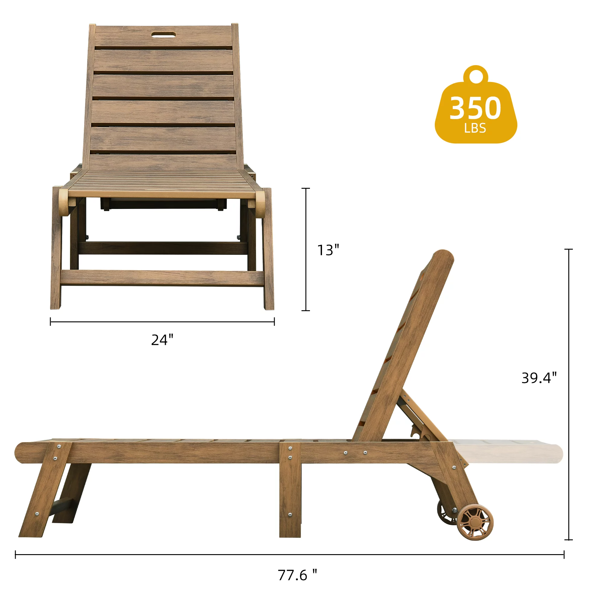 Dextrus Patio Chaise Lounge Chair With Wheel, Weather Resistant Poly Resin Fire Pit Chairs for Patio Pool Deck Lawn and Garden, Brown