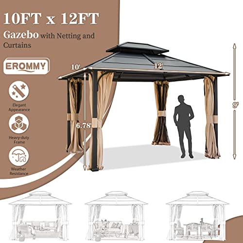 EROMMY 12'x20' Hardtop Gazebo Double Roof Galvanized Steel Canopy Outdoor Aluminum Frame Permanent Metal Pavilion with Netting and Curtains for Patio