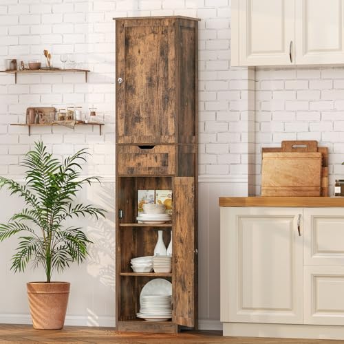Iwell 67" Tall Bathroom Cabinet, Storage Cabinet with 2 Doors & 1 Drawer, Bathroom Storage Cabinets with Adjustable Shelves, for Living Room