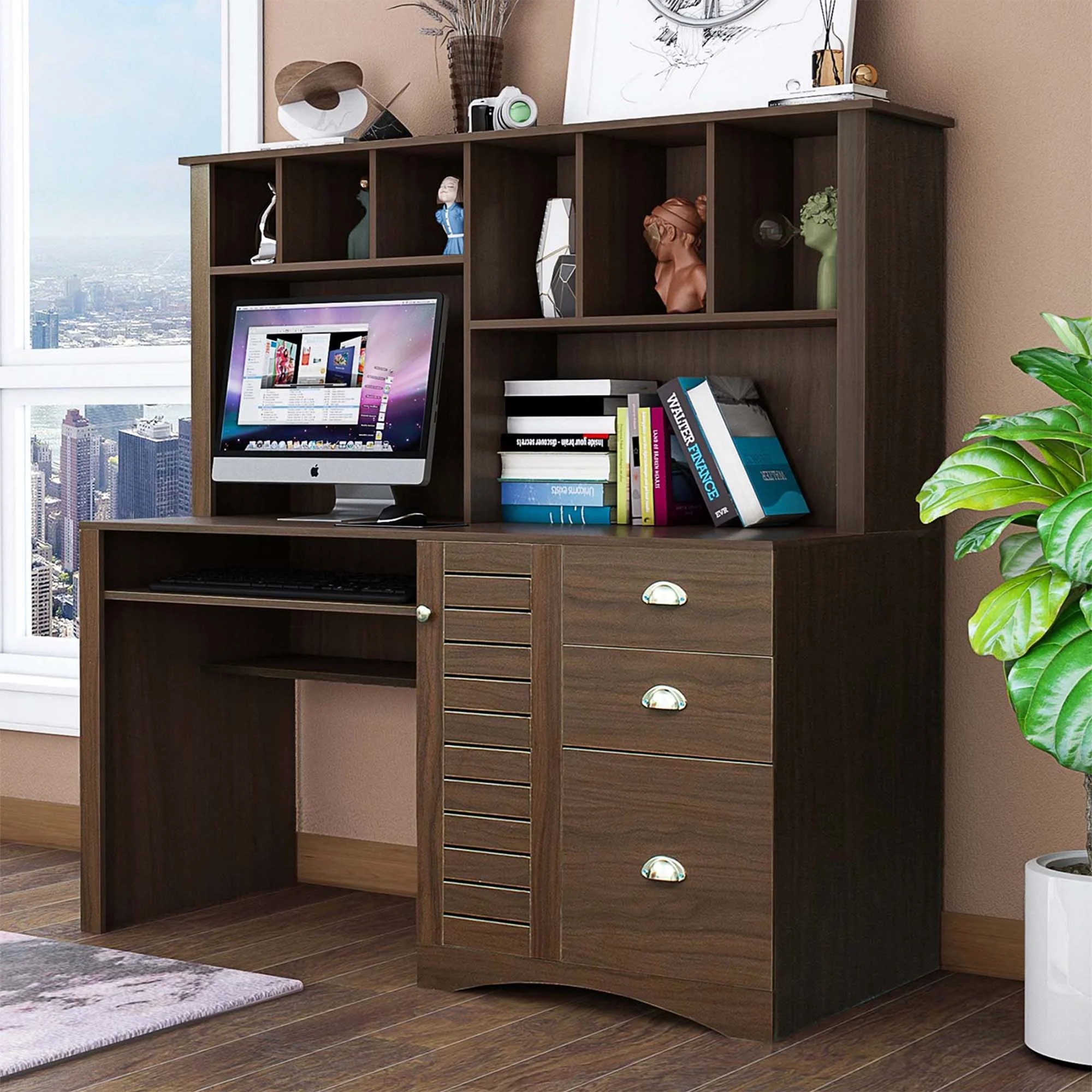 Momspeace Home Office Computer Desk with Hutch, 3 Drawers, Study Table, Keyboard Tray, Walnut