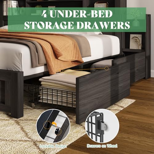 AMERLIFE Queen Bed Frame with 4 Storage Drawers, LED Platform Bed with 49" Bookcase Headboard