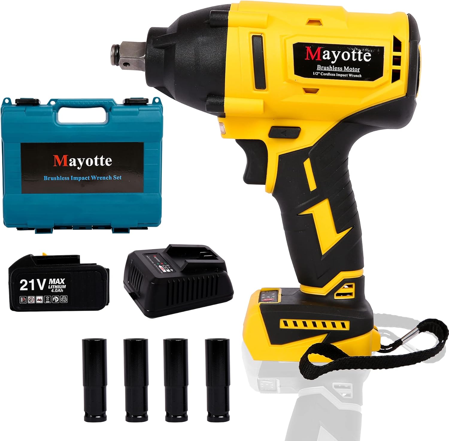 Cordless Impact Wrench 1/2 inch, Mayotte 21V Brushless Compact High Torque Impact Wrench Kit 460 Ft-lbs,4.0A Li-ion Battery, 4 Sockets